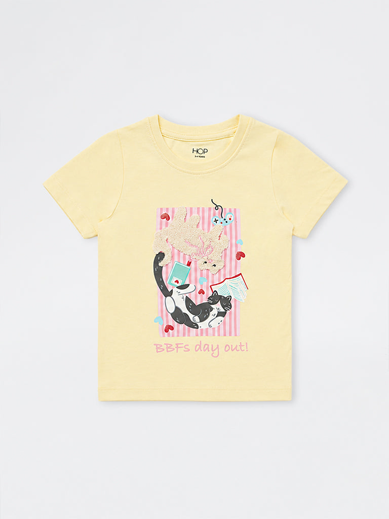 HOP Kids Girls Yellow Graphic Design Cotton T-Shirt