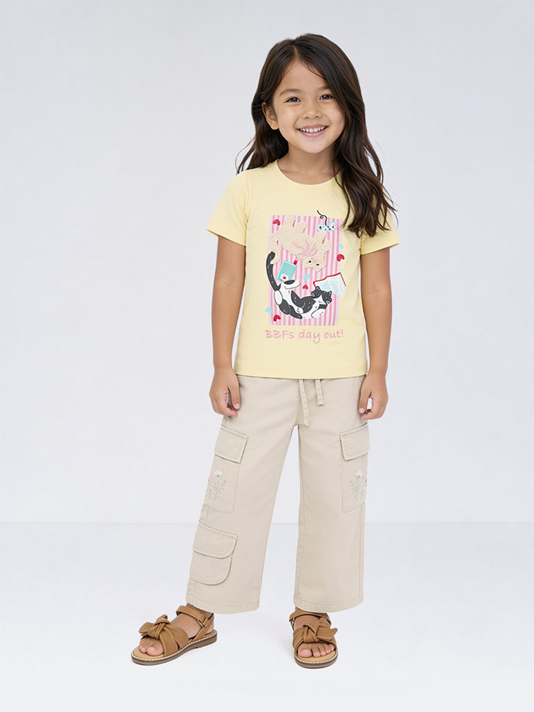 HOP Kids Girls Yellow Graphic Design Cotton T-Shirt