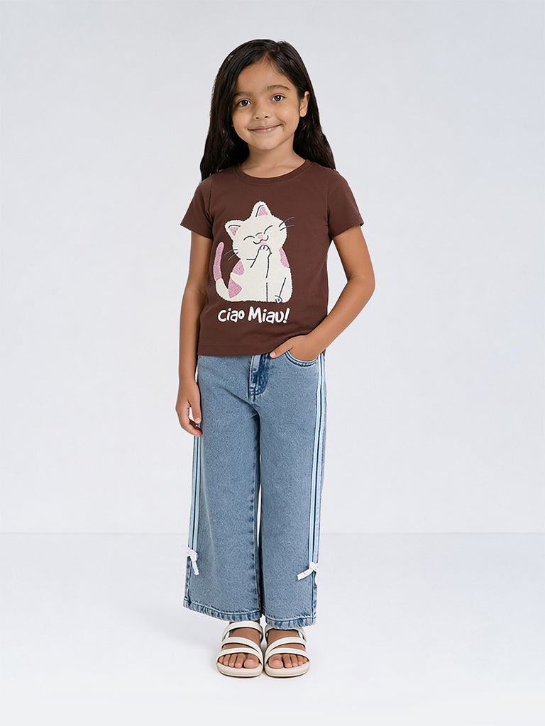 HOP Kids Girls Brown Cat Printed Cotton T-Shirt