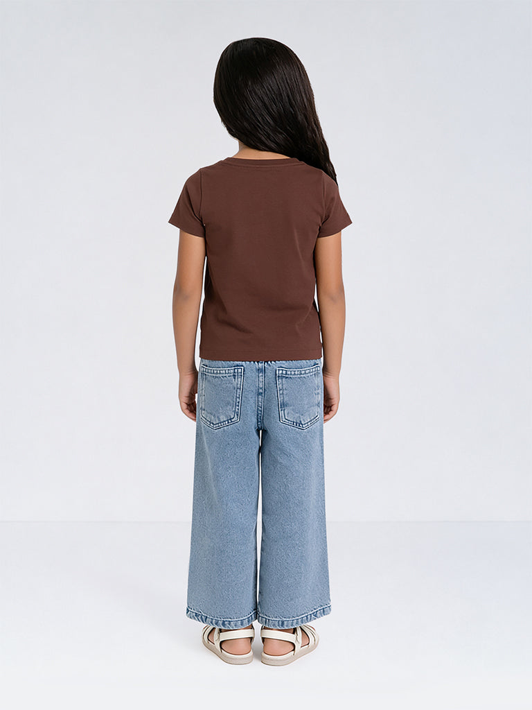 HOP Kids Girls Brown Cat Printed Cotton T-Shirt
