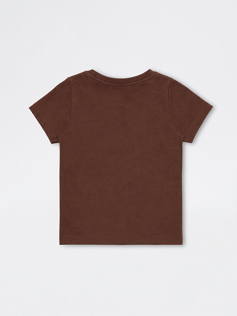 HOP Kids Girls Brown Cat Printed Cotton T-Shirt