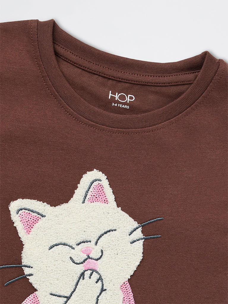 HOP Kids Girls Brown Cat Printed Cotton T-Shirt