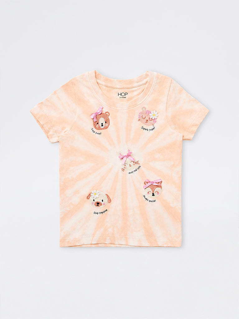 HOP Kids Girls Peach Tie-Dye Printed Cotton T-Shirt