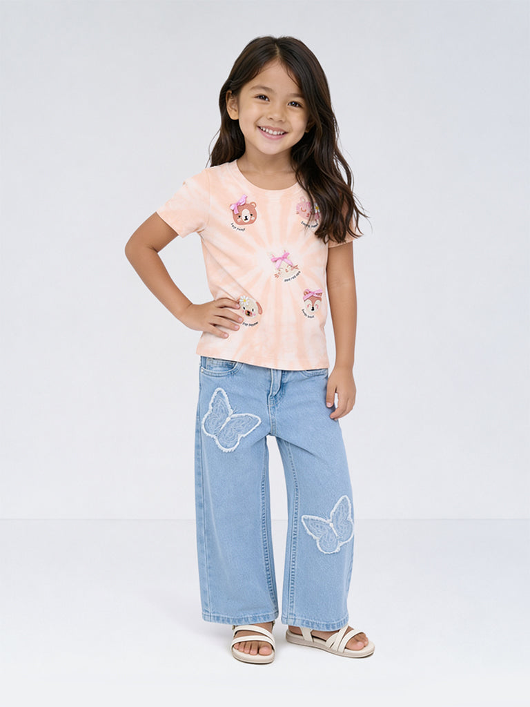 HOP Kids Girls Peach Tie-Dye Printed Cotton T-Shirt