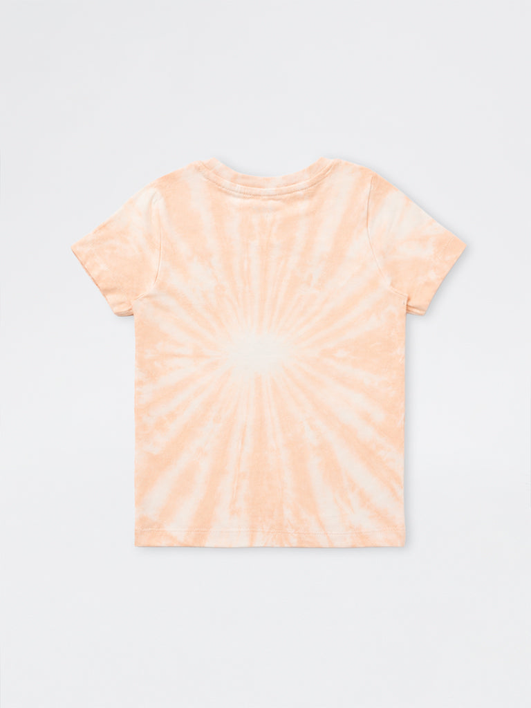 HOP Kids Girls Peach Tie-Dye Printed Cotton T-Shirt