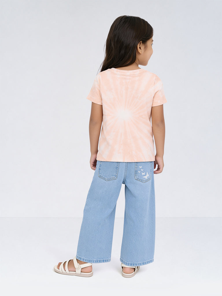HOP Kids Girls Peach Tie-Dye Printed Cotton T-Shirt