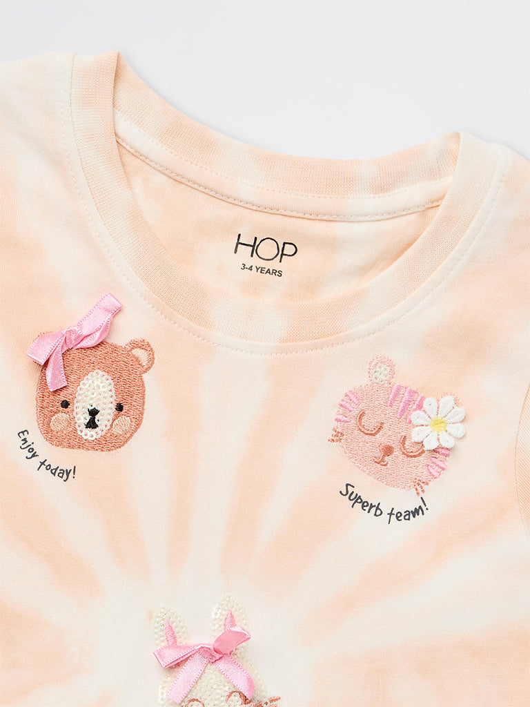 HOP Kids Girls Peach Tie-Dye Printed Cotton T-Shirt