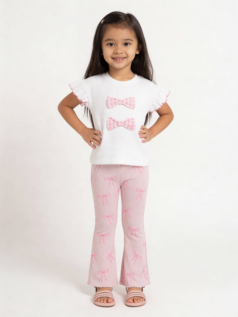 HOP Kids Girls Pink Bow Print Ribbed Cotton-Blend Pants