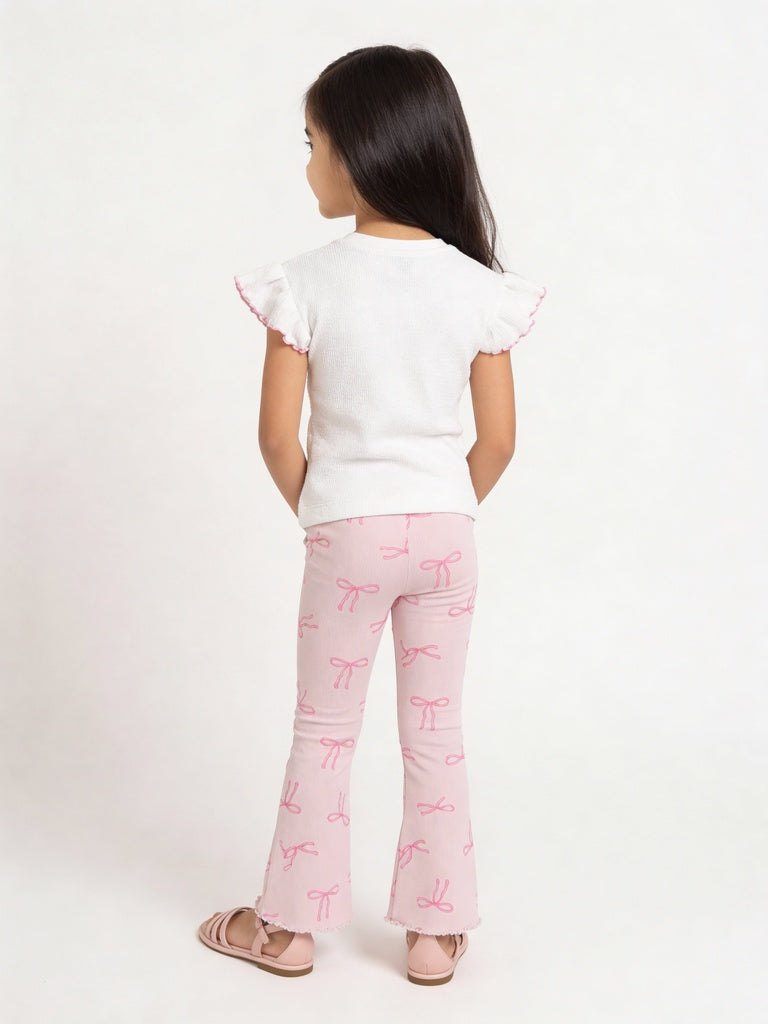 HOP Kids Girls Pink Bow Print Ribbed Cotton-Blend Pants