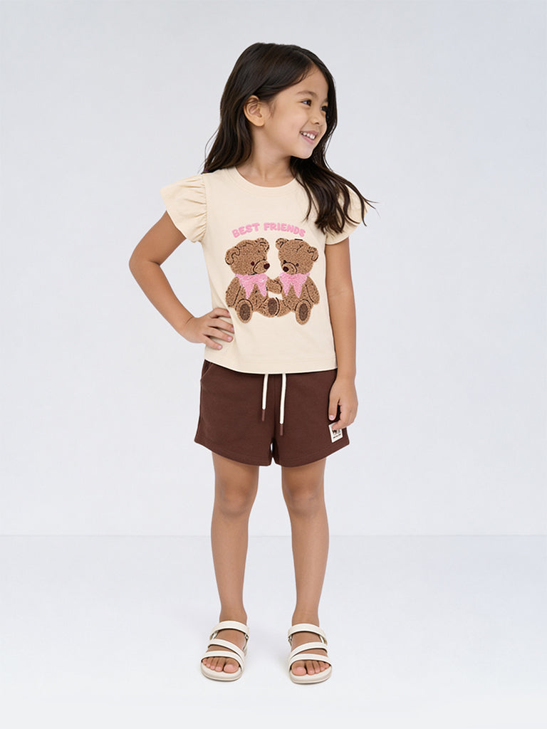 HOP Kids Girls Brown High-Rise Cotton Shorts