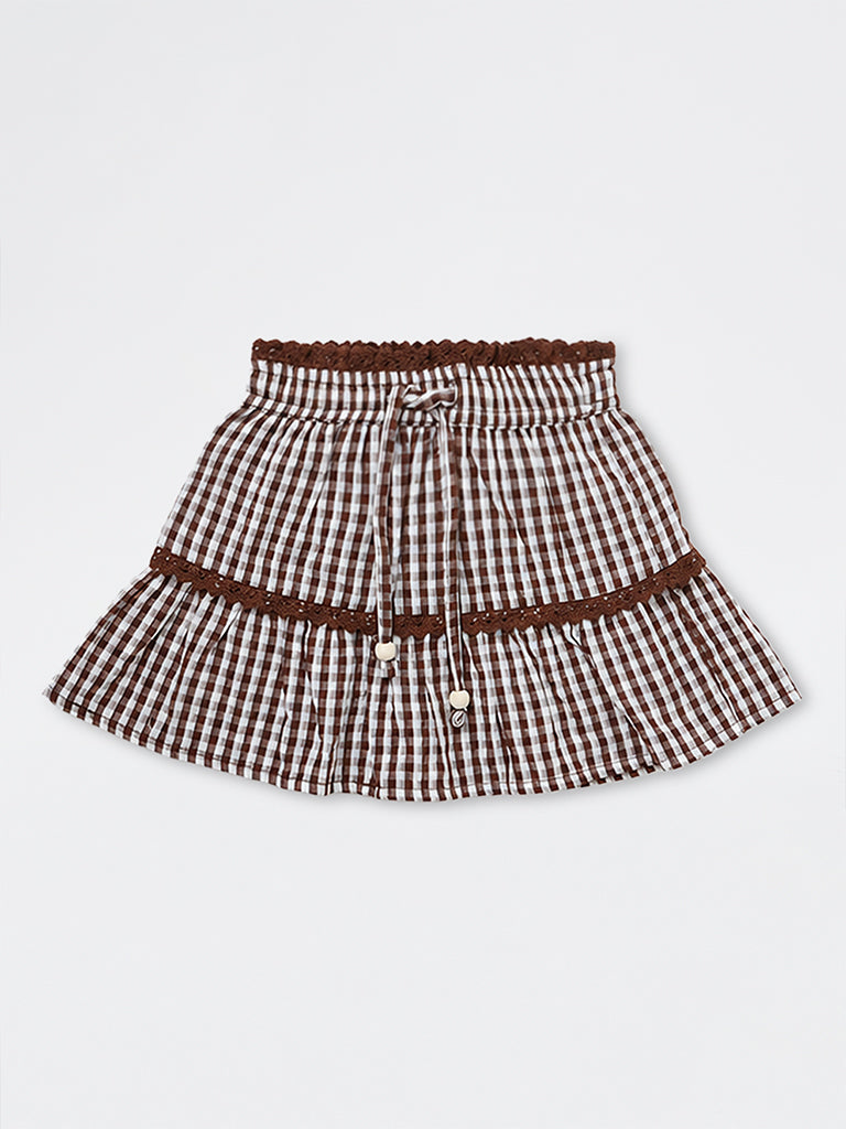 HOP Kids Girls Brown Checkered Cotton High-Rise Skirt