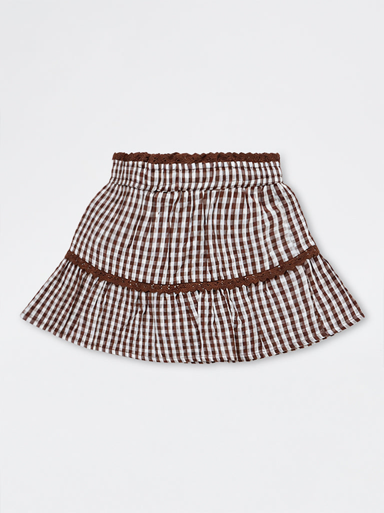 HOP Kids Girls Brown Checkered Cotton High-Rise Skirt