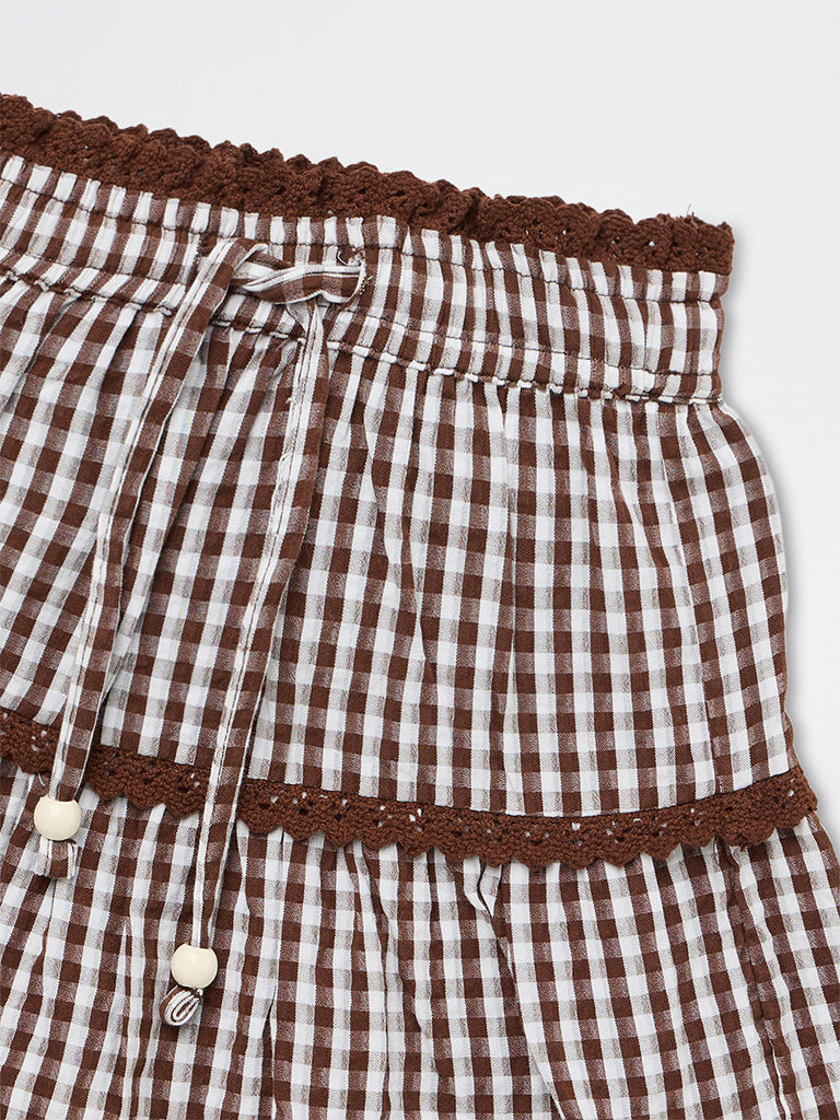 HOP Kids Girls Brown Checkered Cotton High-Rise Skirt