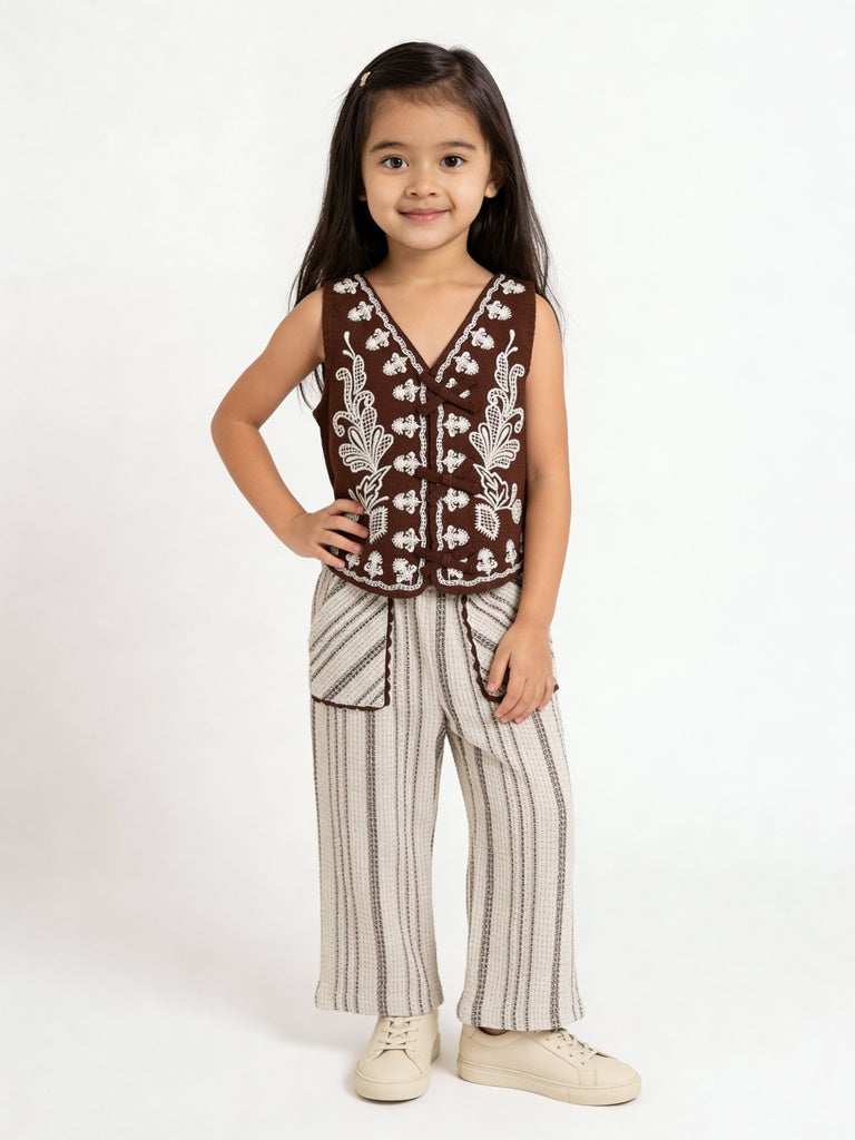 HOP Kids Girls Off-White Vertical Striped Wide Leg Trousers