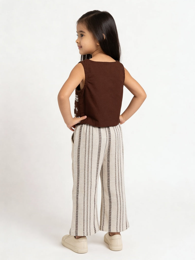 HOP Kids Girls Off-White Vertical Striped Wide Leg Trousers