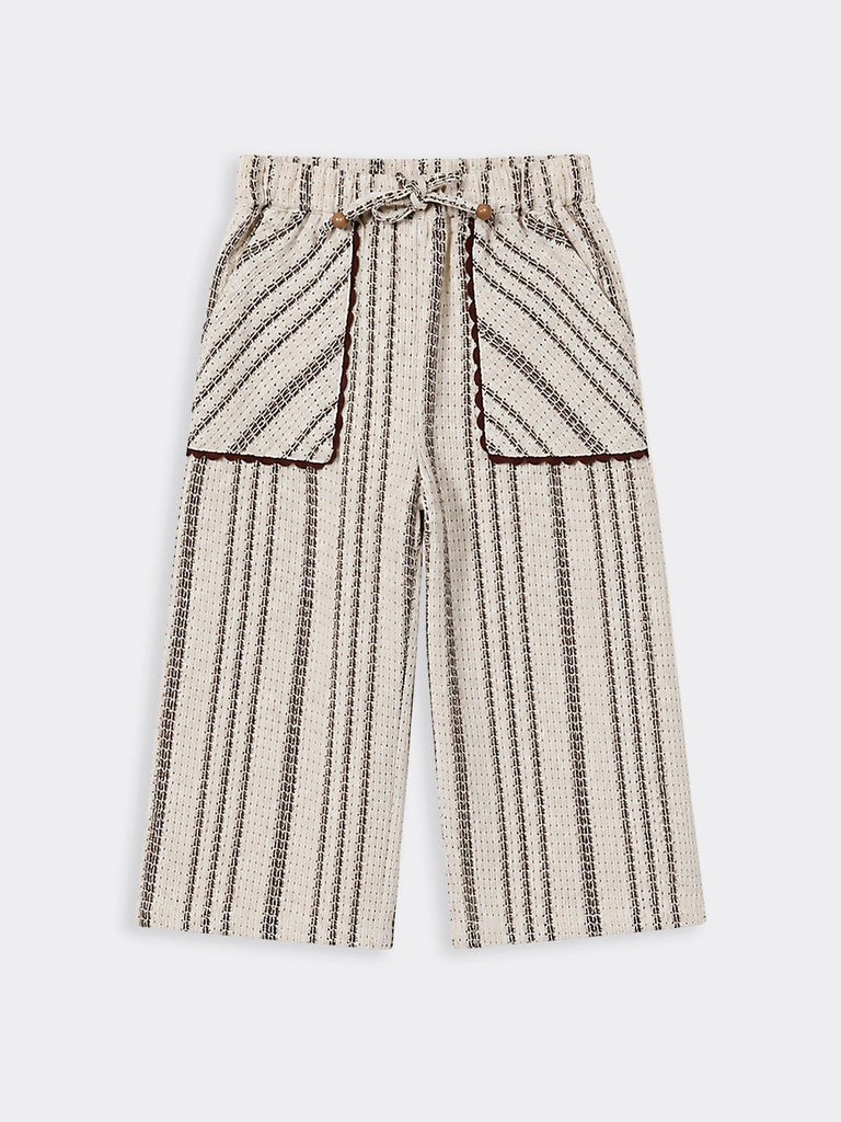 HOP Kids Girls Off-White Vertical Striped Wide Leg Trousers
