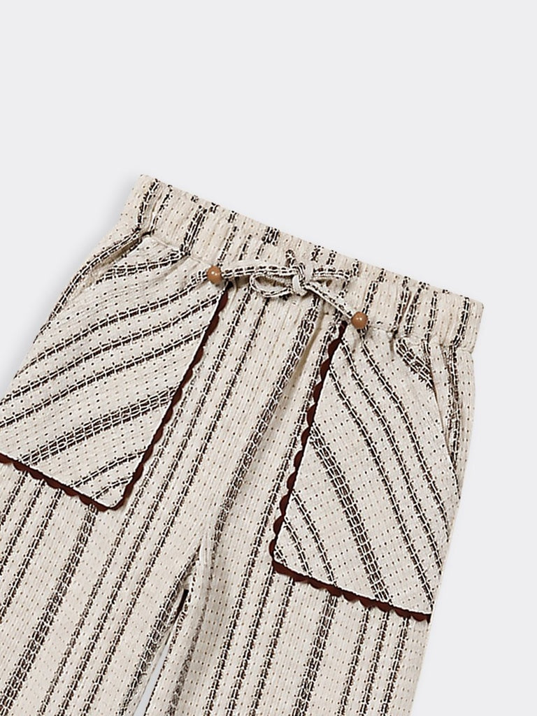 HOP Kids Girls Off-White Vertical Striped Wide Leg Trousers