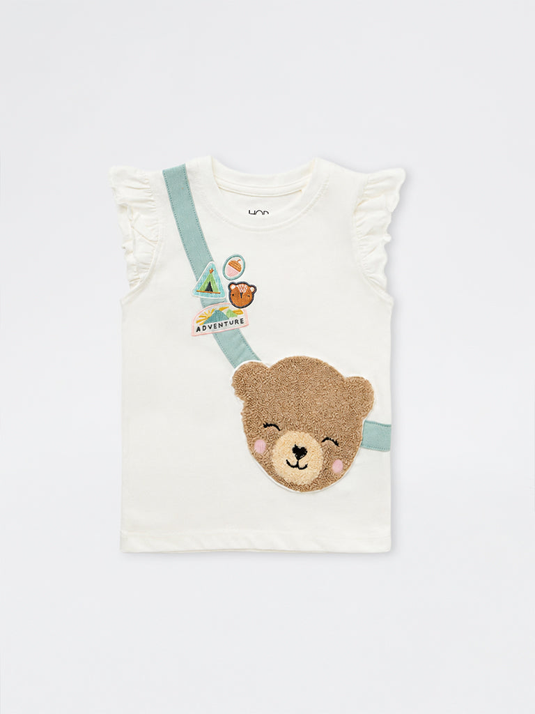 HOP Kids Girls Off-White Bear Appliqué Cotton Top