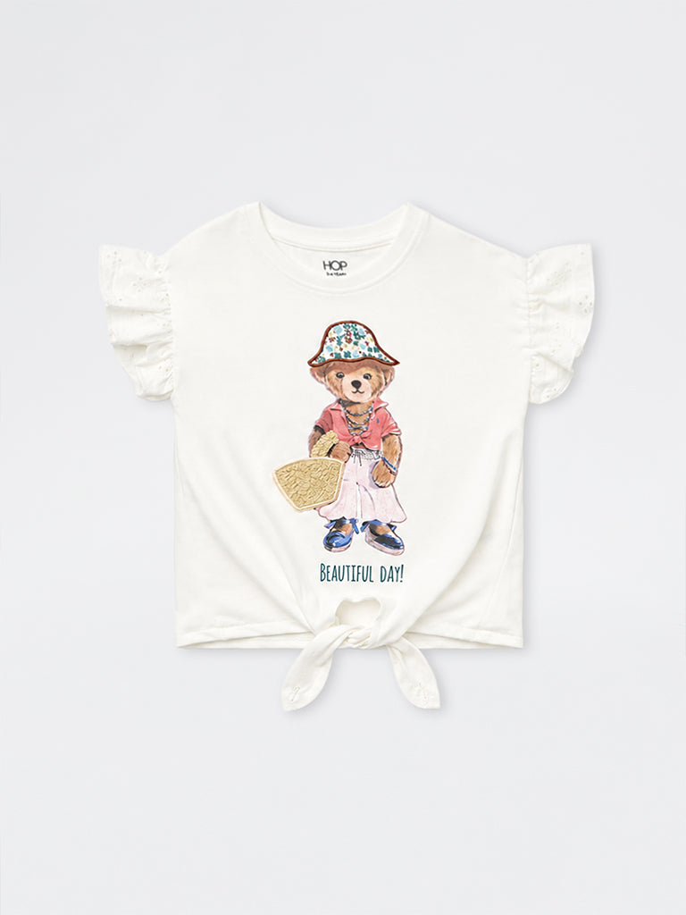 HOP Kids Girls White Graphic Printed Cotton T-Shirt