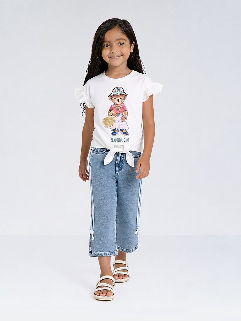 HOP Kids Girls White Graphic Printed Cotton T-Shirt