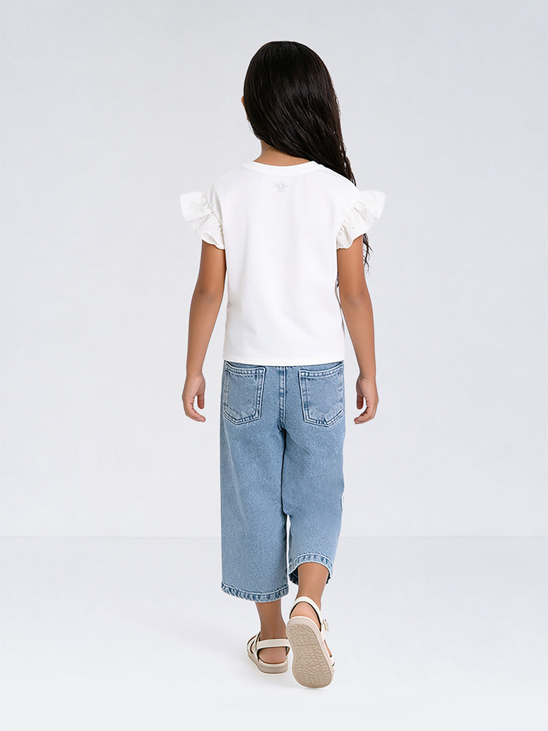 HOP Kids Girls White Graphic Printed Cotton T-Shirt