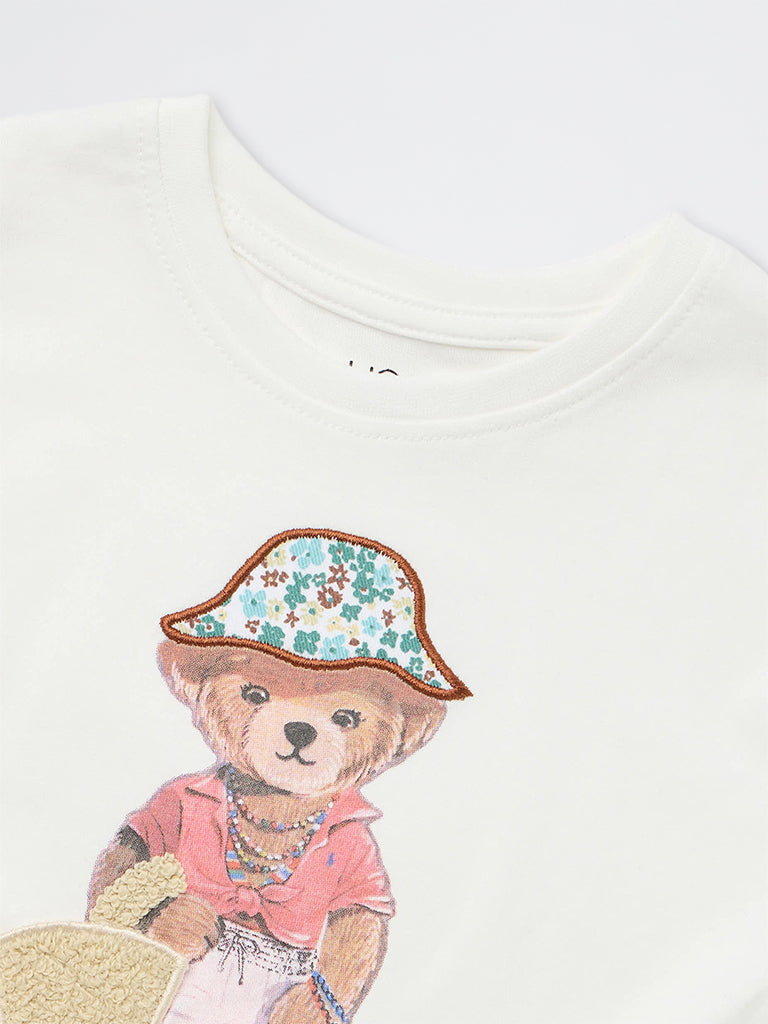 HOP Kids Girls White Graphic Printed Cotton T-Shirt