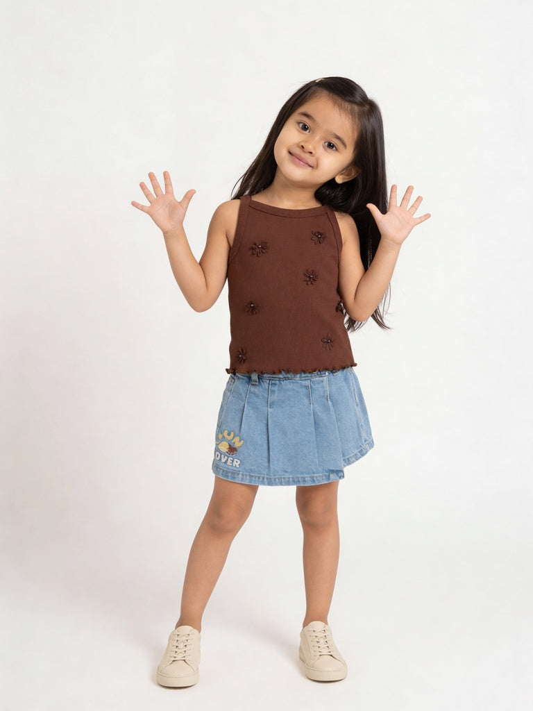 HOP Kids Girls Brown Ribbed Mickey Mouse Cotton-Blend Top