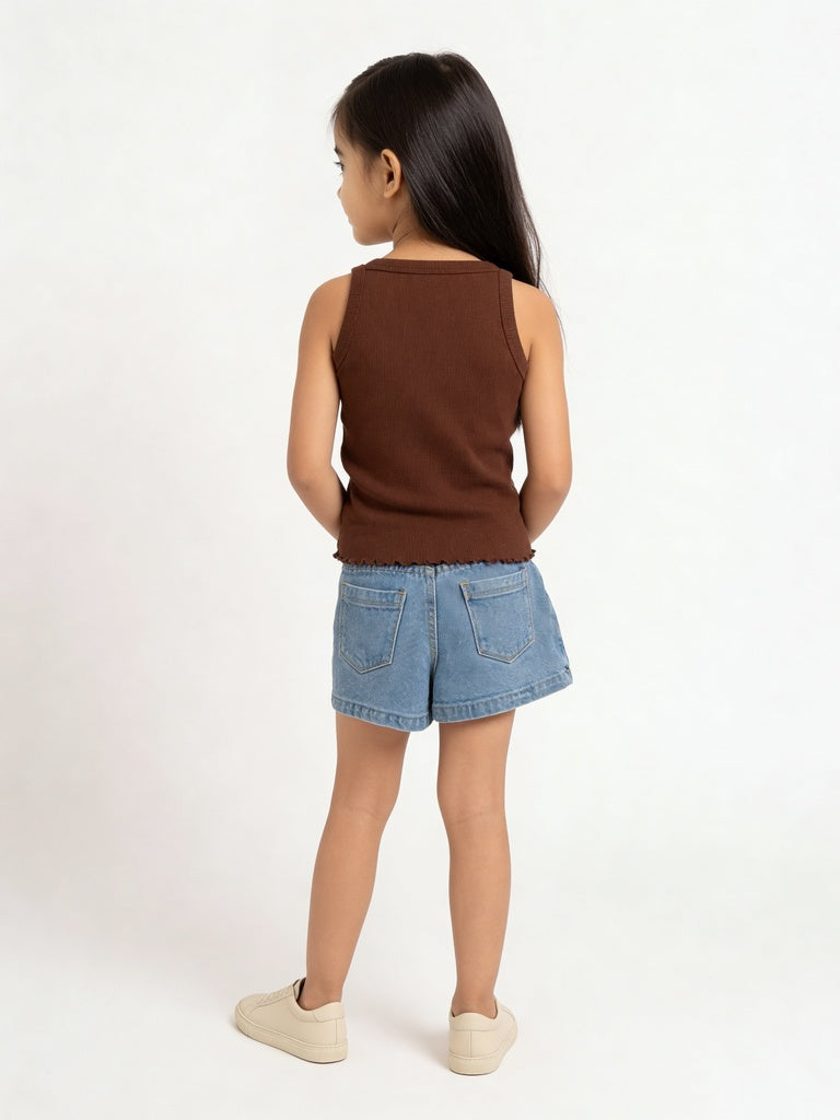 HOP Kids Girls Brown Ribbed Mickey Mouse Cotton-Blend Top