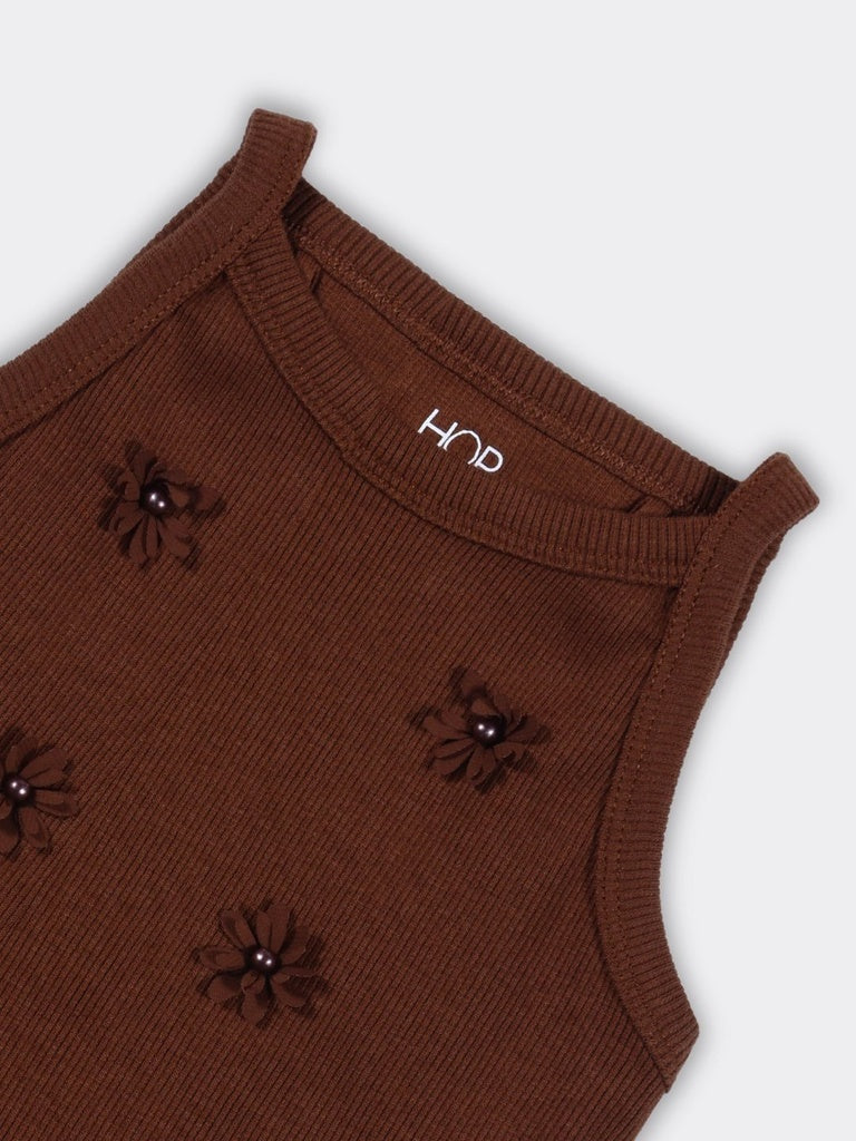 HOP Kids Girls Brown Ribbed Mickey Mouse Cotton-Blend Top