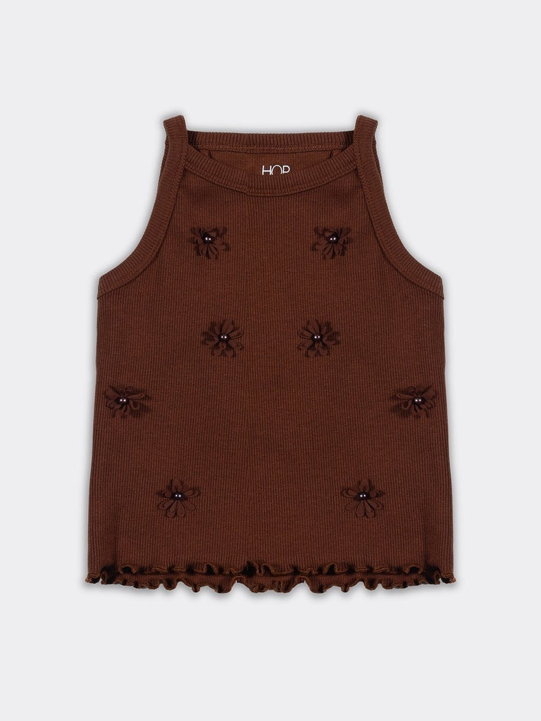 HOP Kids Girls Brown Ribbed Mickey Mouse Cotton-Blend Top
