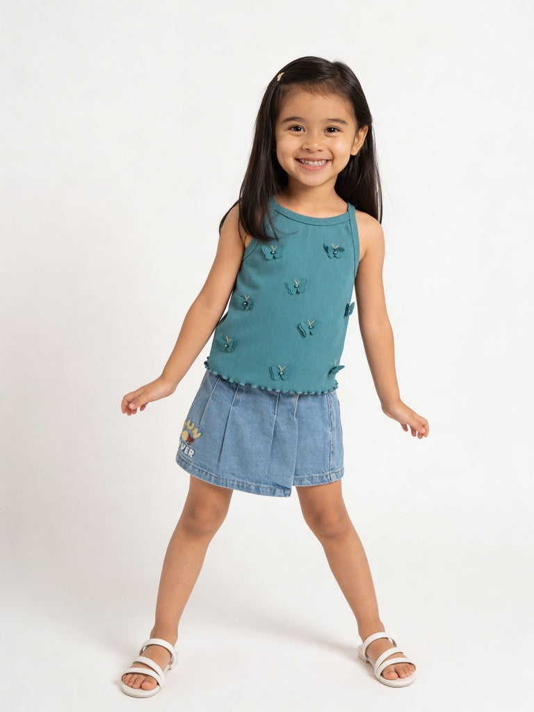 HOP Kids Girls Teal 3D Butterfly Applique Cotton-Blend Tank Top