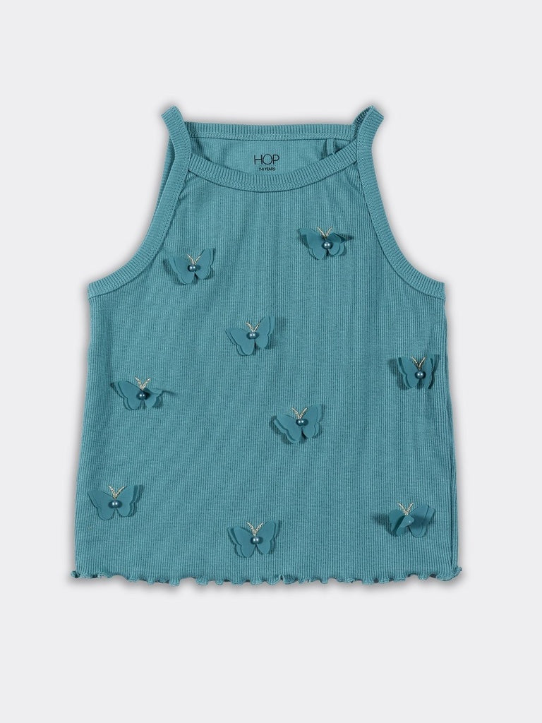HOP Kids Girls Teal 3D Butterfly Applique Cotton-Blend Tank Top