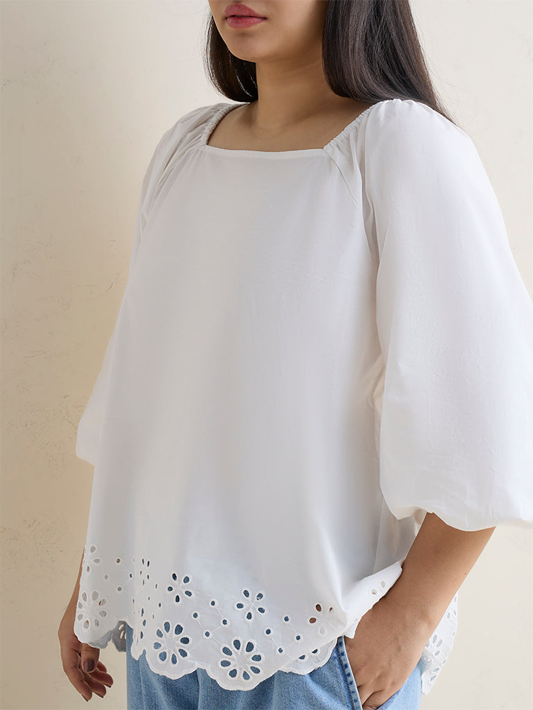Buy Gia White Floral Schiffli Detailed Cotton Top from Westside