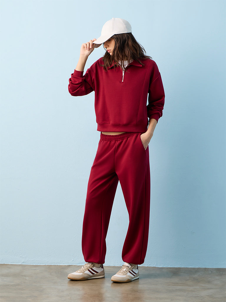 Nuoflexx Maroon Solid Quarter-Zip Sweatshirt