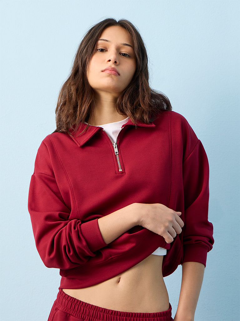 Nuoflexx Maroon Solid Quarter-Zip Sweatshirt