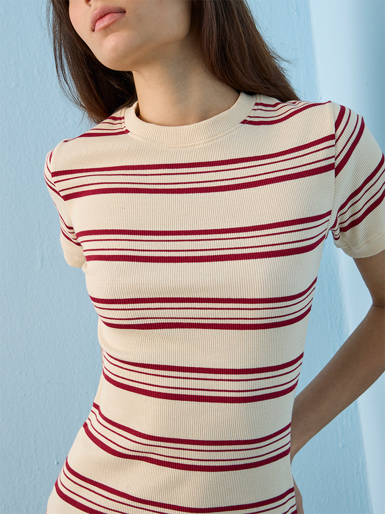 Nuoflexx Cream Striped Cotton-Blend Bodycon Dress