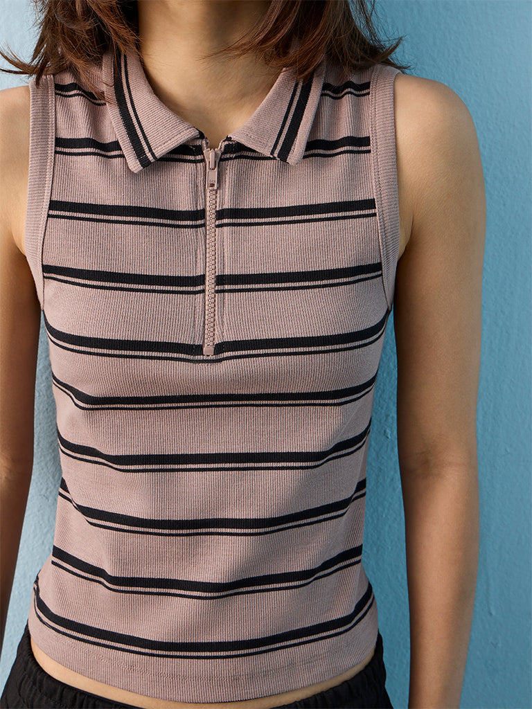 Nuoflexx Taupe Striped Cotton-Blend Top