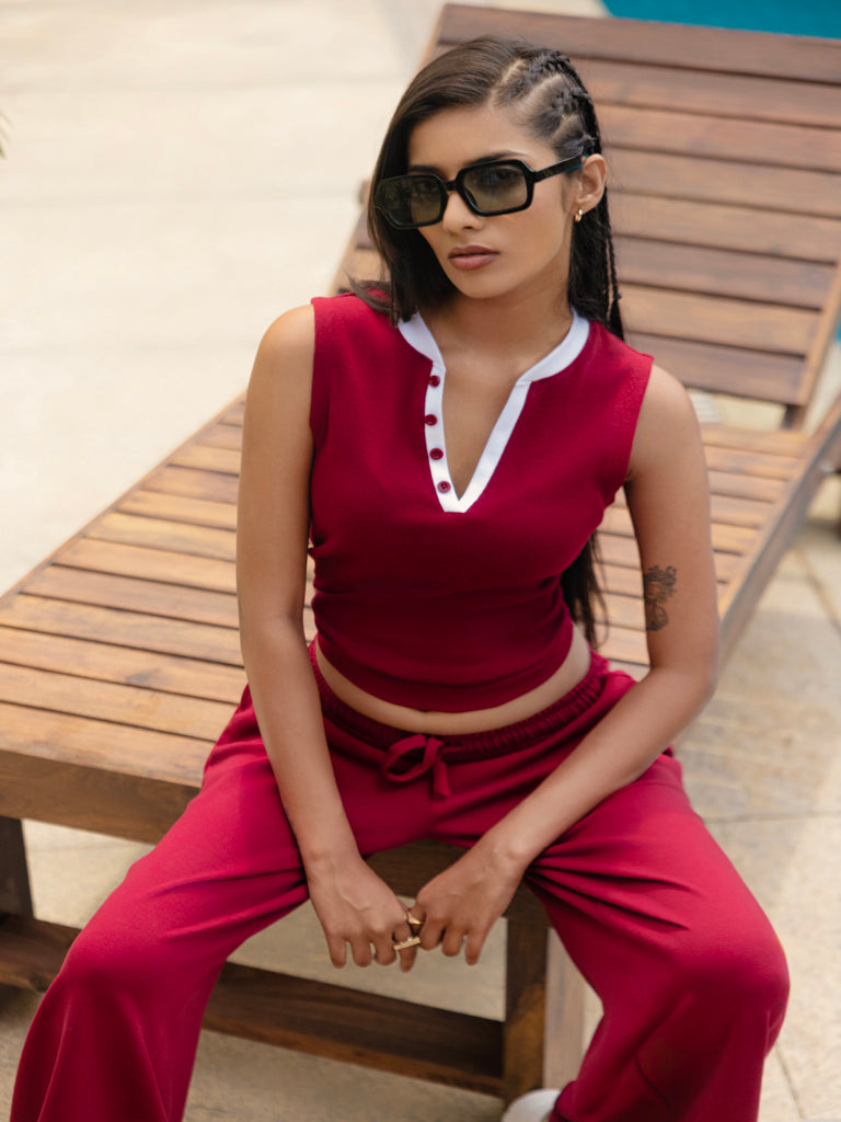 Nuoflexx Maroon Ribbed Cotton-Blend Top