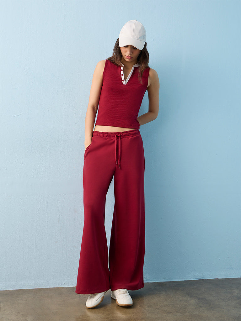 Nuoflexx Red Ribbed Cotton-Blend Top