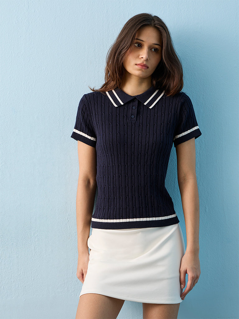 Nuoflexx Navy Cable-Knit Cotton-Blend T-Shirt