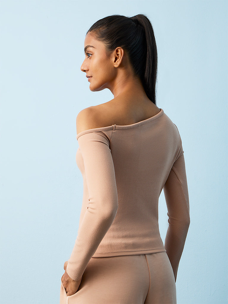 Nuoflexx Beige Ribbed-Textured One-Shoulder Top