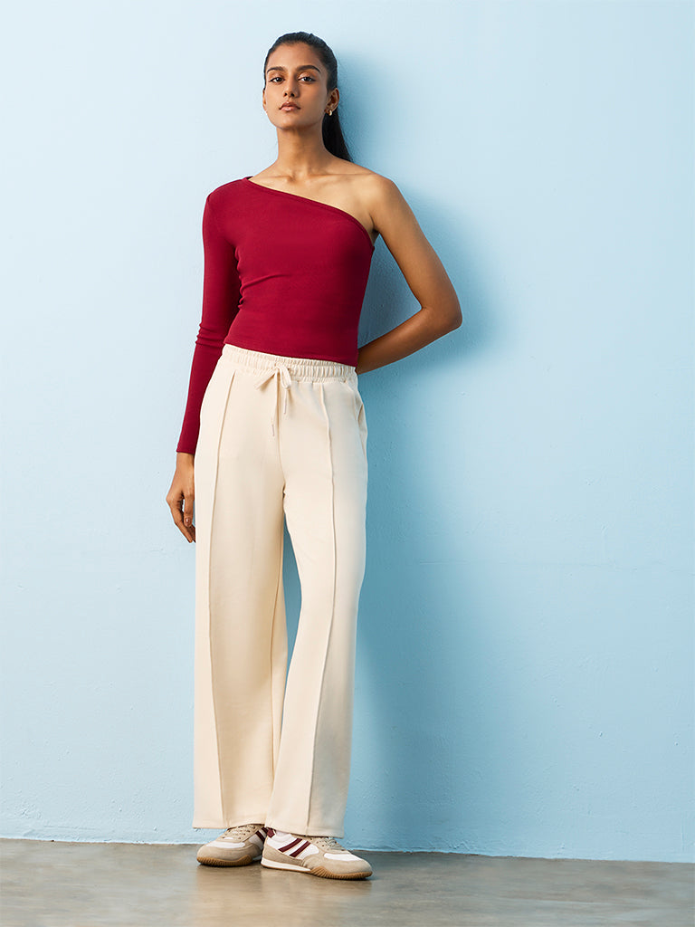 Nuoflexx Maroon Ribbed-Textured One-Shoulder Top