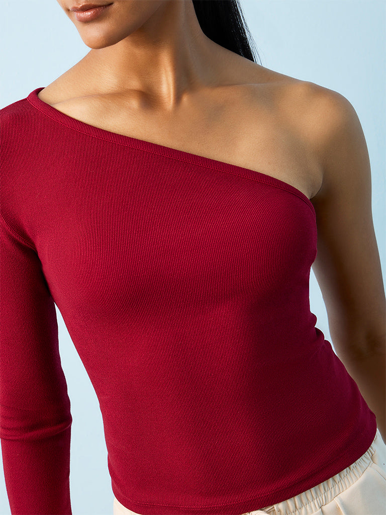 Nuoflexx Maroon Ribbed-Textured One-Shoulder Top