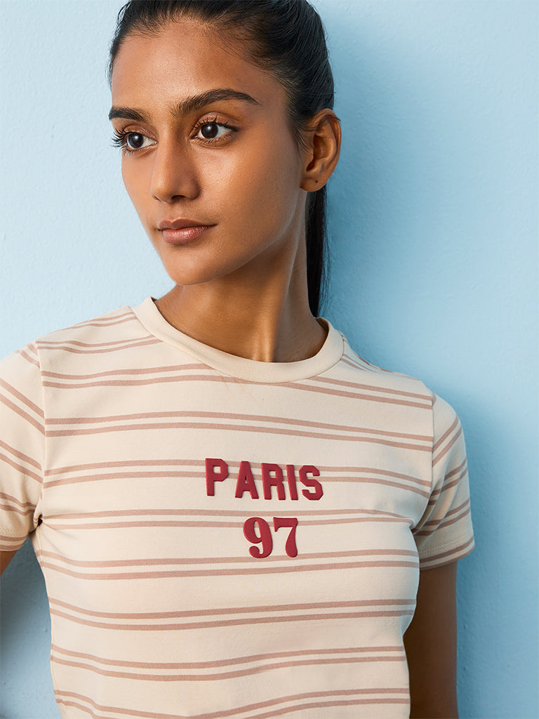 Nuoflexx Beige Striped Cotton-Blend T-Shirt