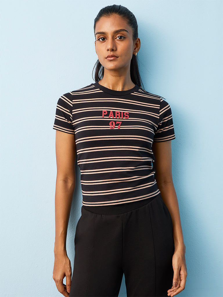 Nuoflexx Black Striped Cotton-Blend T-Shirt