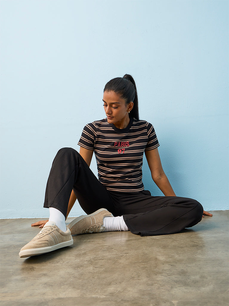 Nuoflexx Black Striped Cotton-Blend T-Shirt