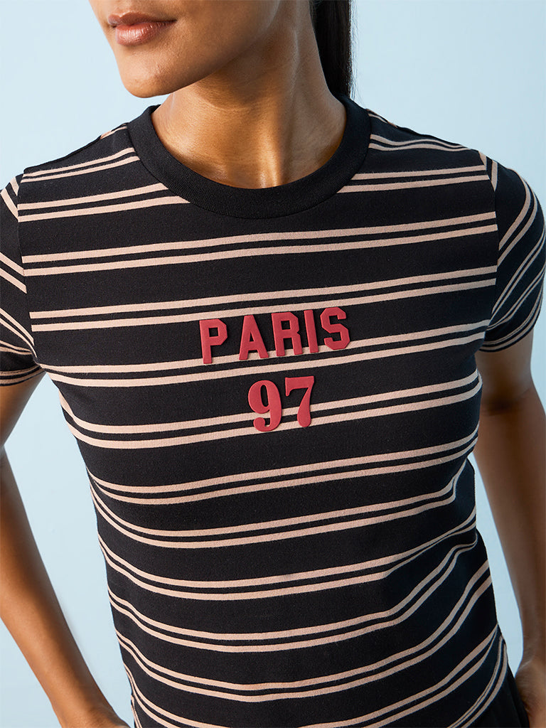 Nuoflexx Black Striped Cotton-Blend T-Shirt