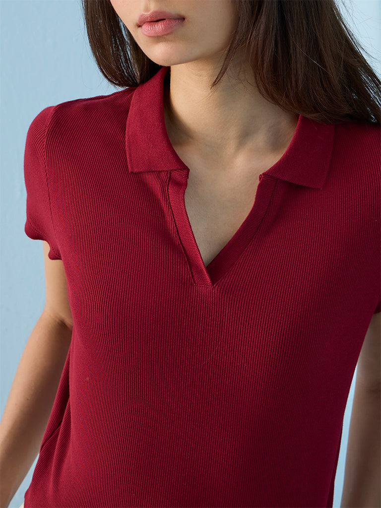 Nuoflexx Red Ribbed Cotton-Blend T-Shirt