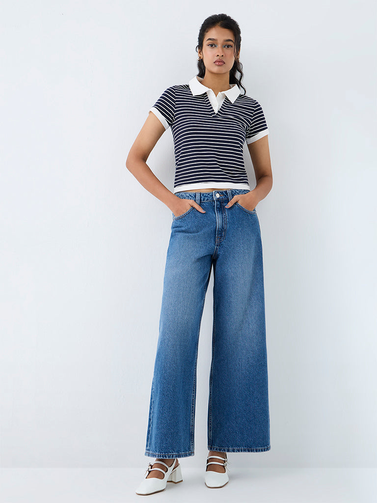 Nuon Blue Washed Wide-Leg High-Rise Jeans