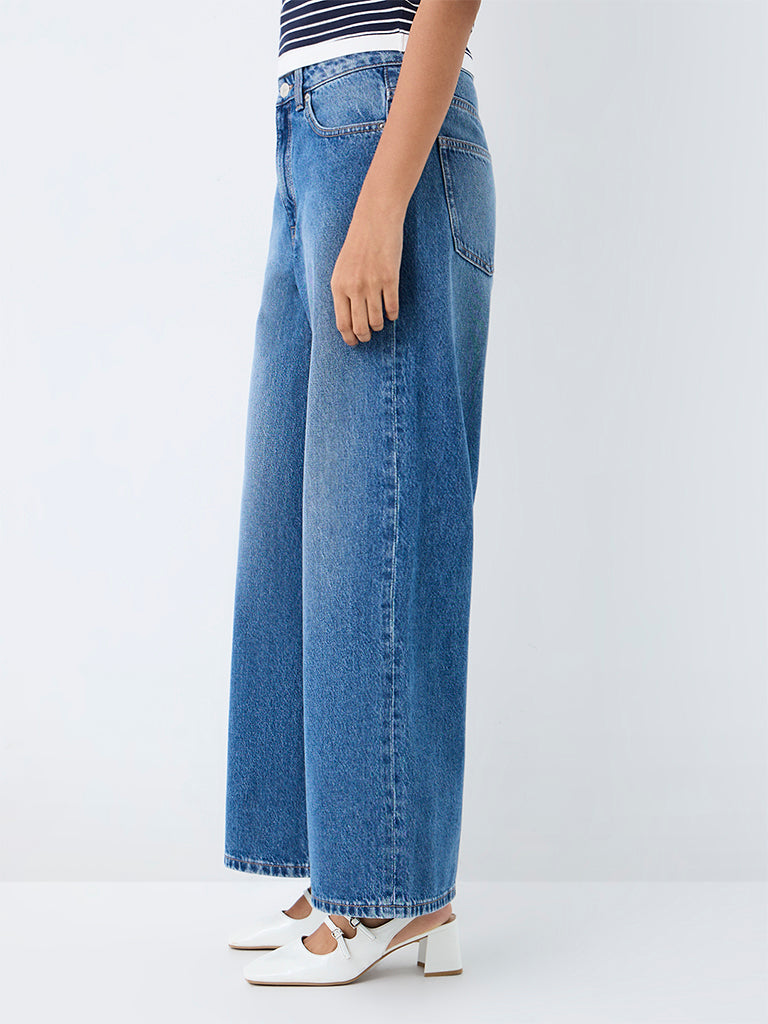 Nuon Blue Washed Wide-Leg High-Rise Jeans
